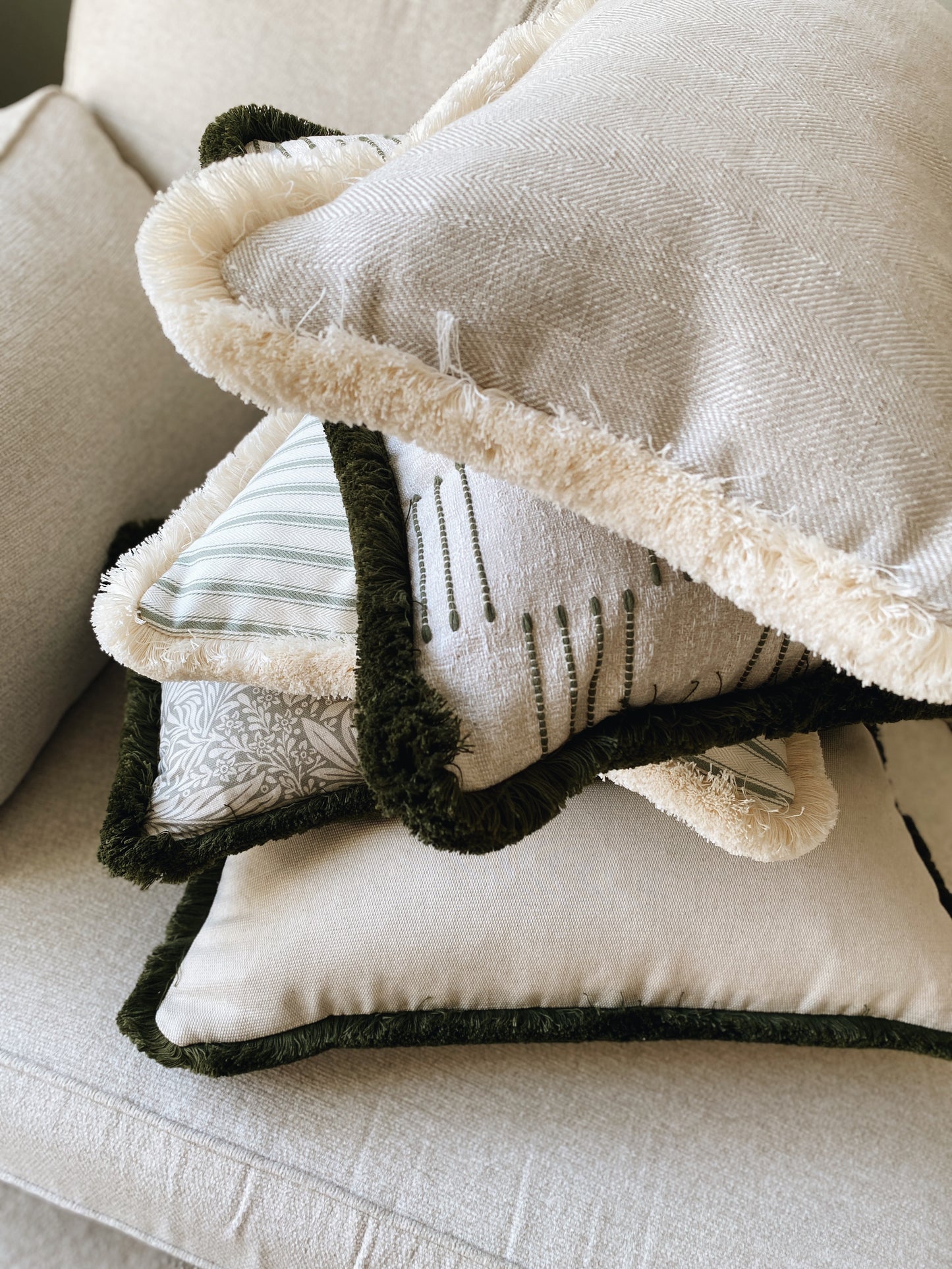 Outlet- The Olive - Green Woven Rustic Textured Fringed Cushion