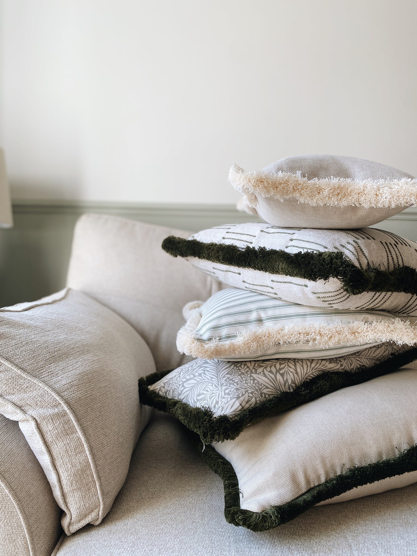 The Riley - Green Ticking Stripe Fringed Cushion