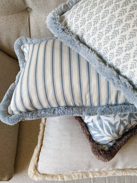 The Riley - Blue Ticking Stripe Cushion With Fringed Edge