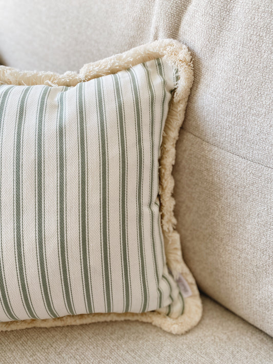 The Riley - Green Ticking Stripe Fringed Cushion