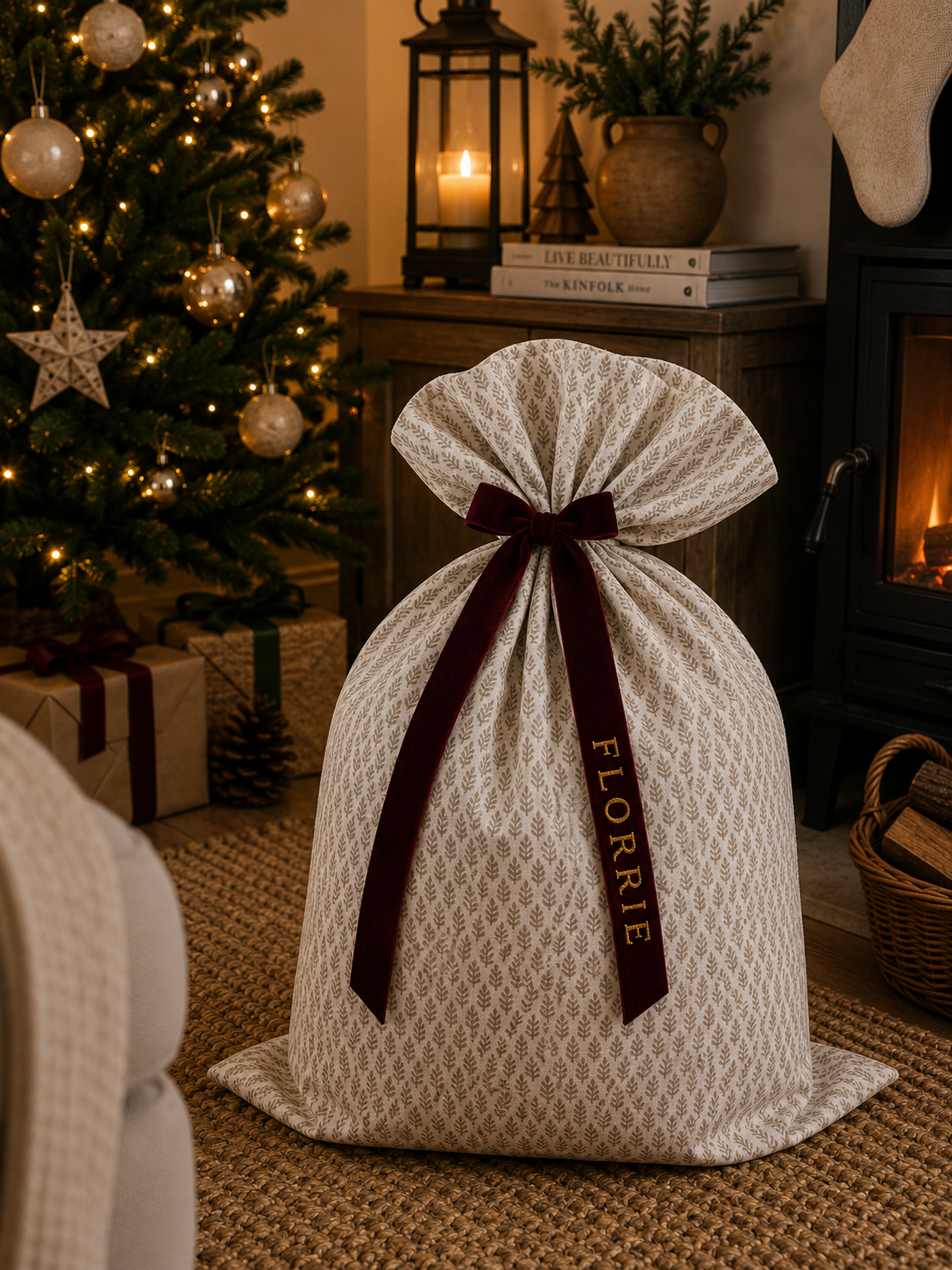 Personalised Florrie Luxury Large Velvet-Lined Christmas Santa Sack