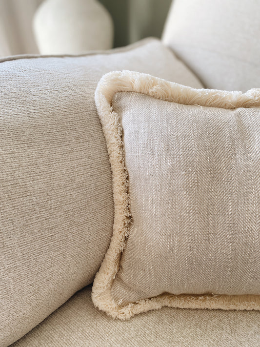 The Tilly - Beige Linen Herringbone Fringed Cushion