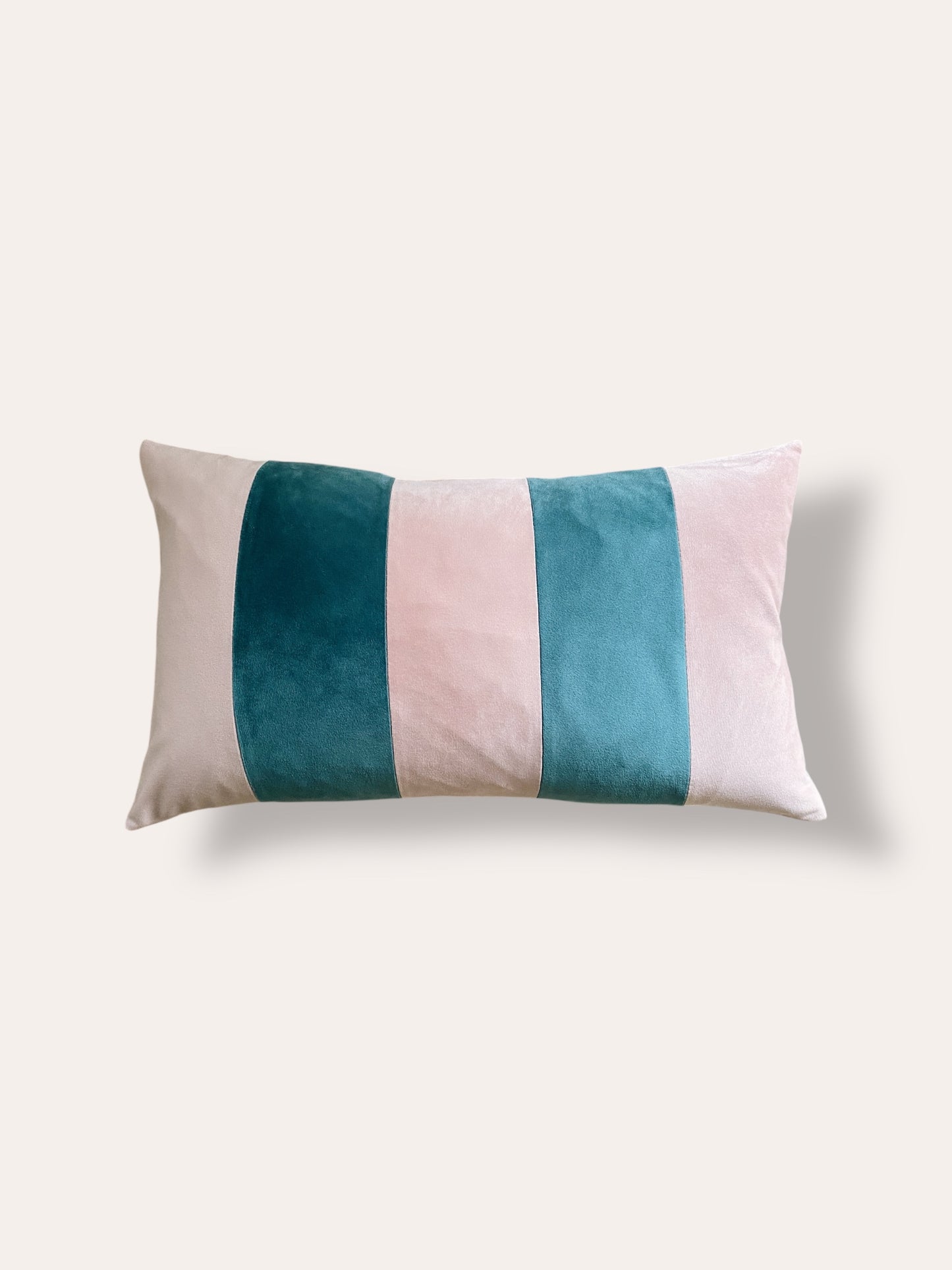 Striped Powder Pink & Duck Egg Blue Velvet Bolster Oblong Cushion