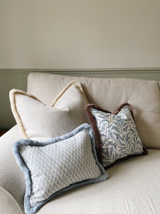 The Florrie- Blue Block Print Leaf Cushion With Fringed Edge