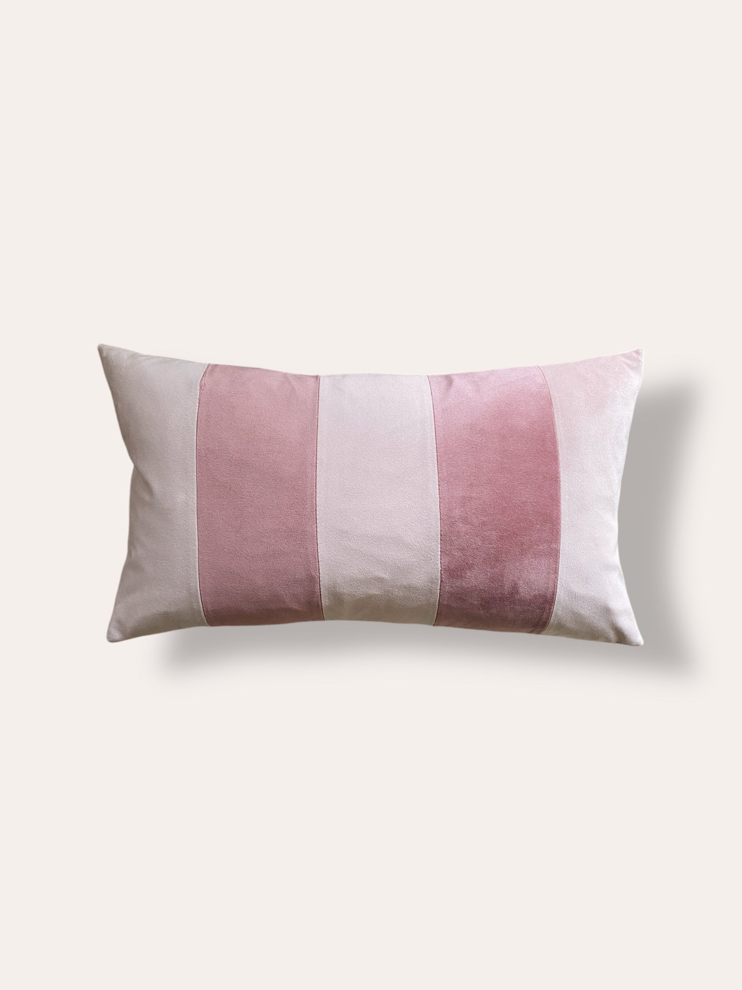 Striped Powder Pink & English Rose Velvet Bolster Oblong Cushion