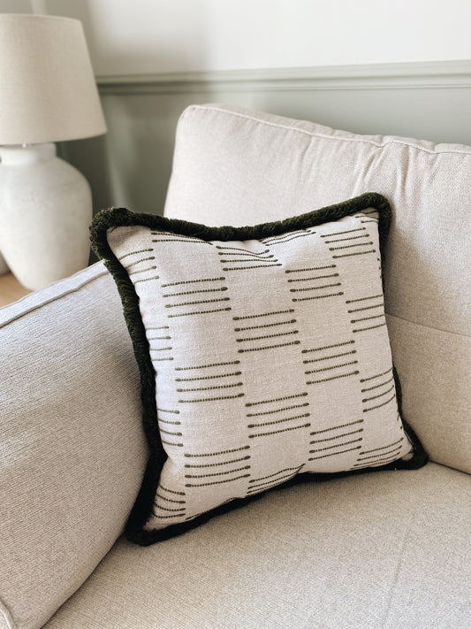 The Olive - Green Woven Rustic Textured Fringed Cushion