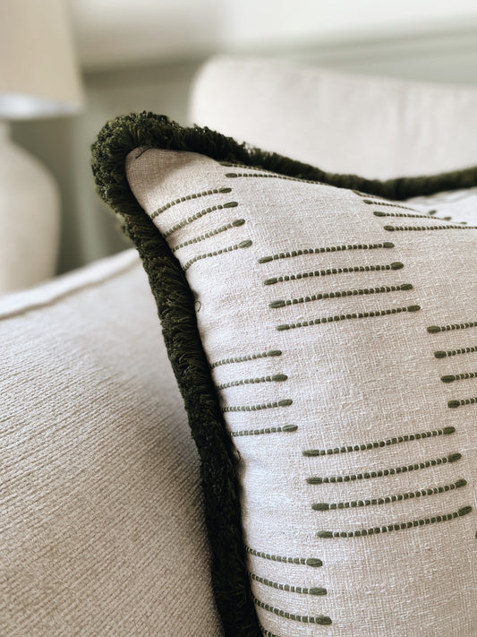 The Olive - Green Woven Rustic Textured Fringed Cushion