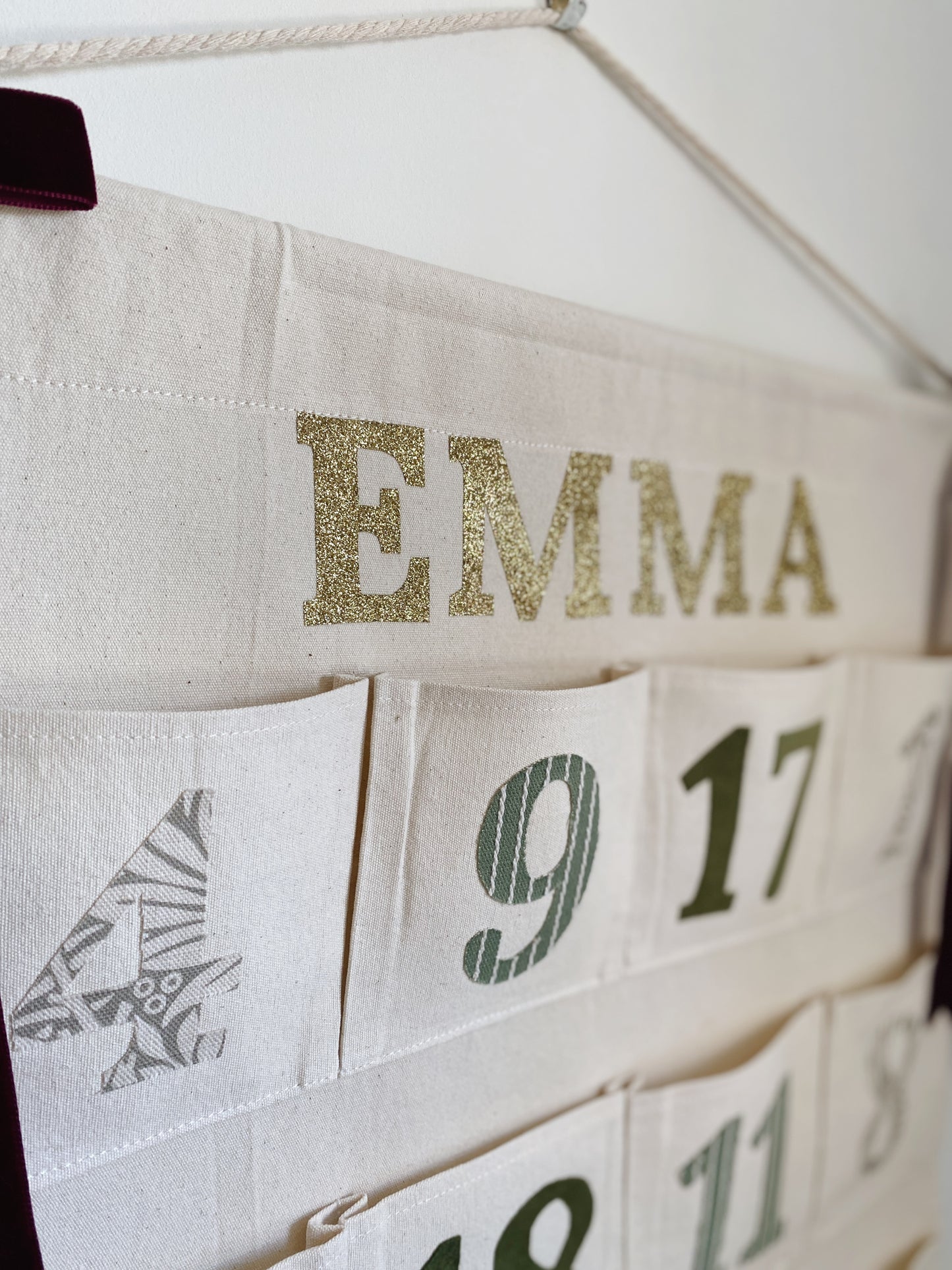 Personalised Christmas Advent Calendar in Green & Gold Glitter