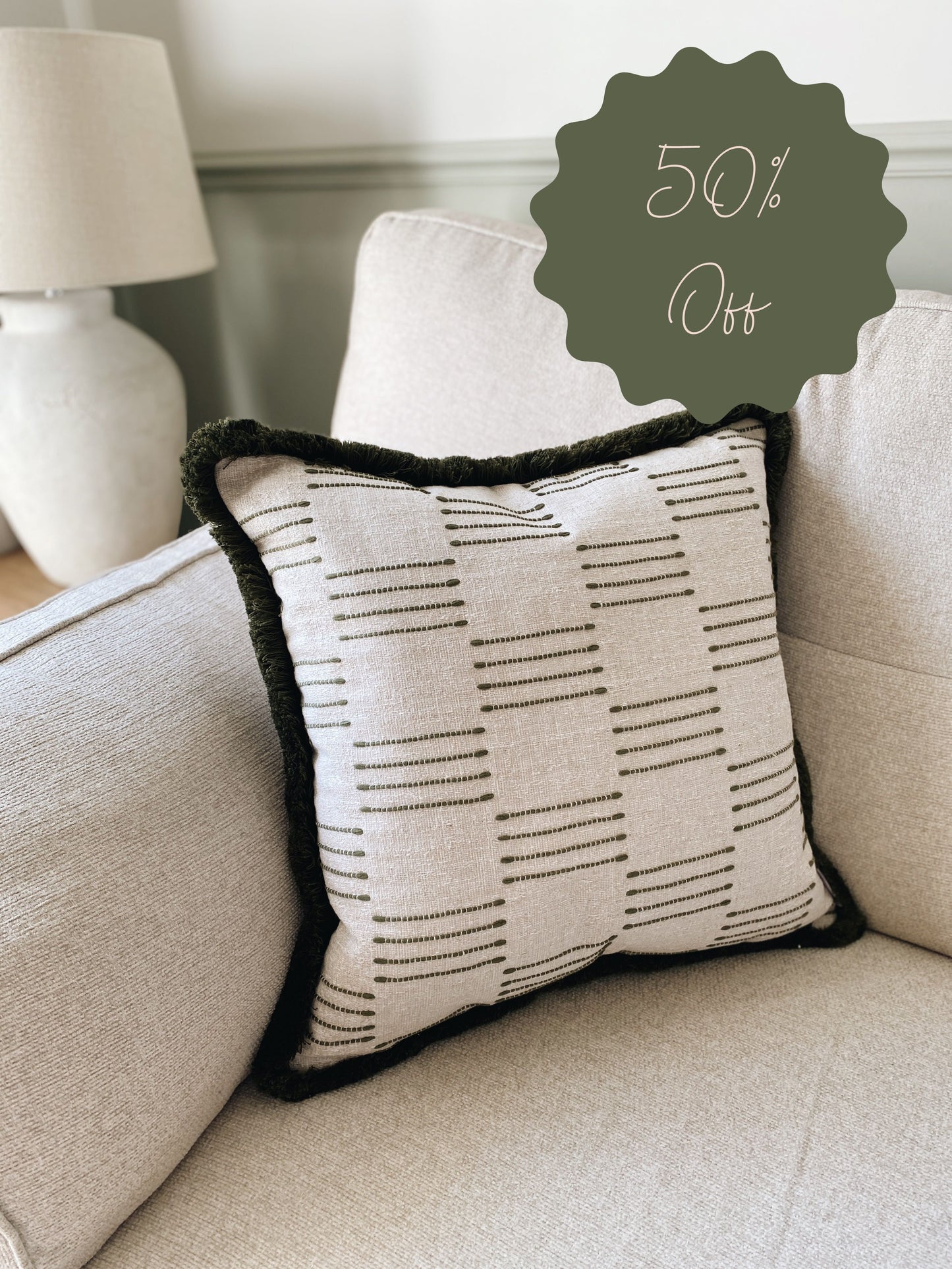 Outlet- The Olive - Green Woven Rustic Textured Fringed Cushion