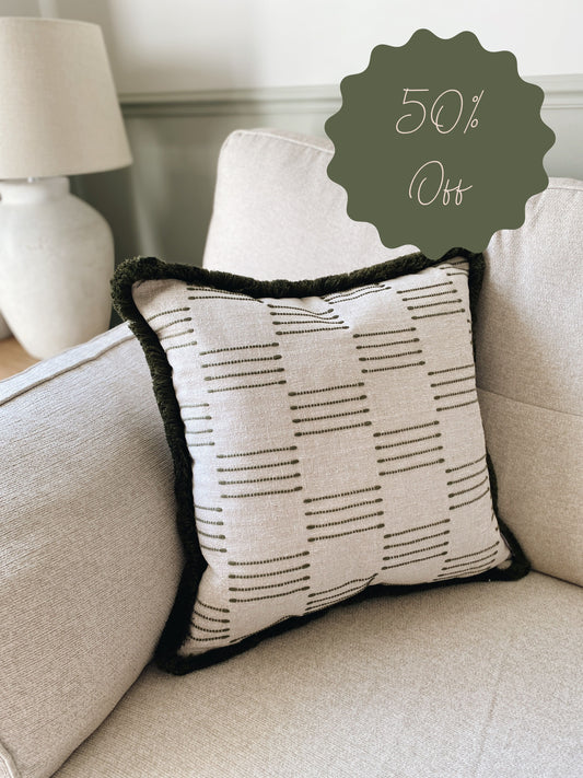 Outlet- The Olive - Green Woven Rustic Textured Fringed Cushion