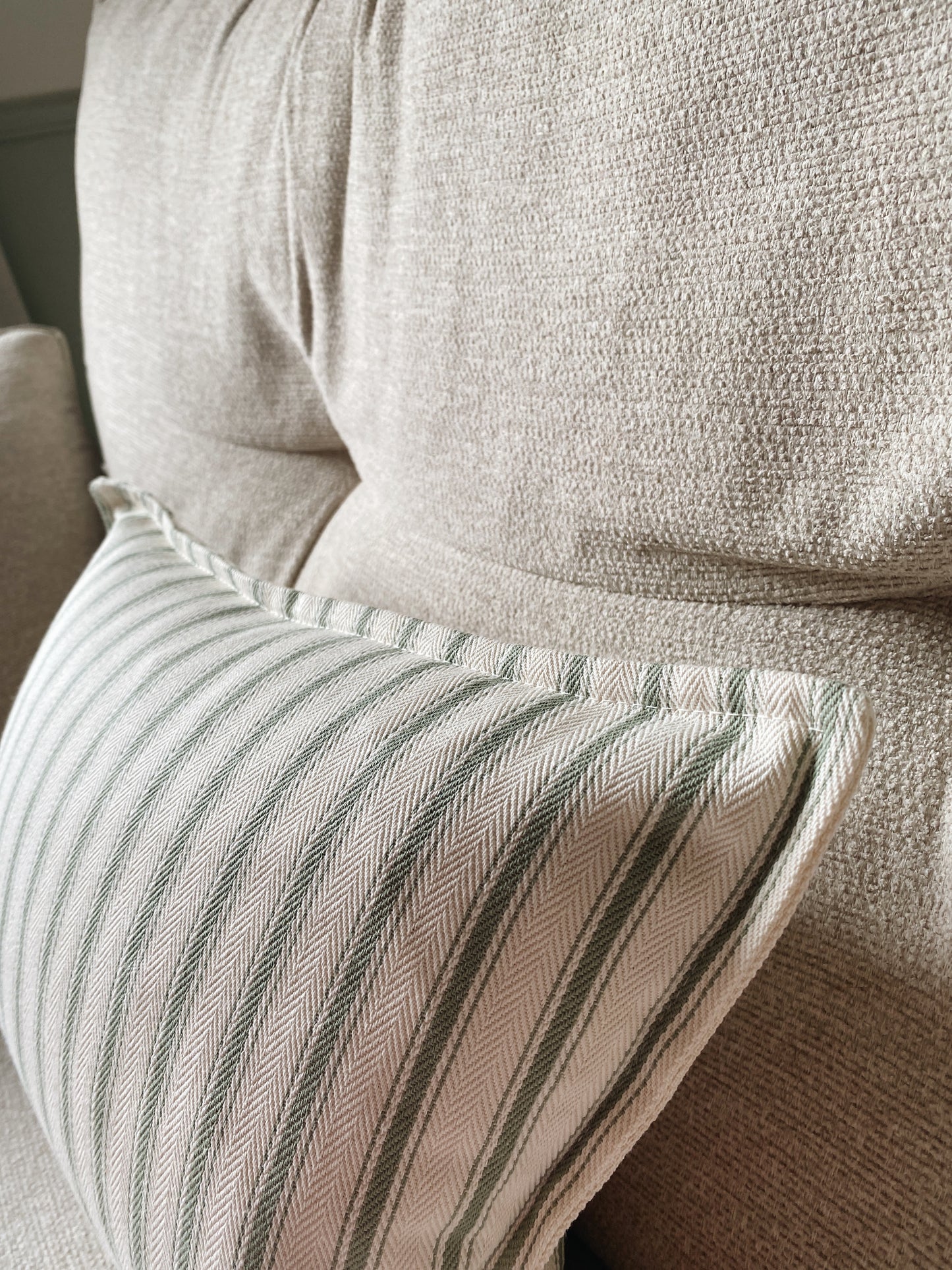 The Riley - Green Ticking Stripe Cushion With Top Stitch Border