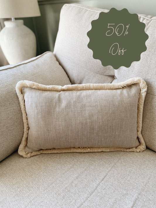 Outlet - The Tilly - Beige Linen Herringbone Fringed Cushion
