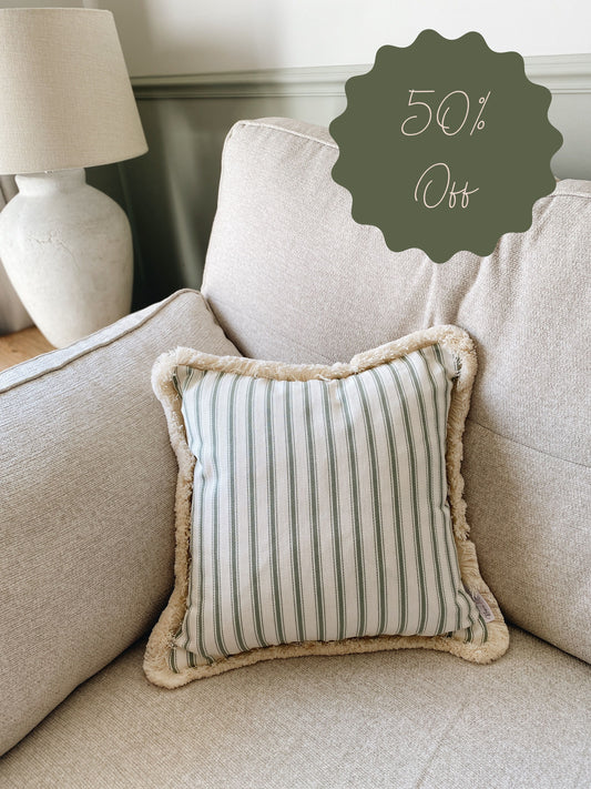 Outlet - The Riley - Green Ticking Stripe Fringed Cushion