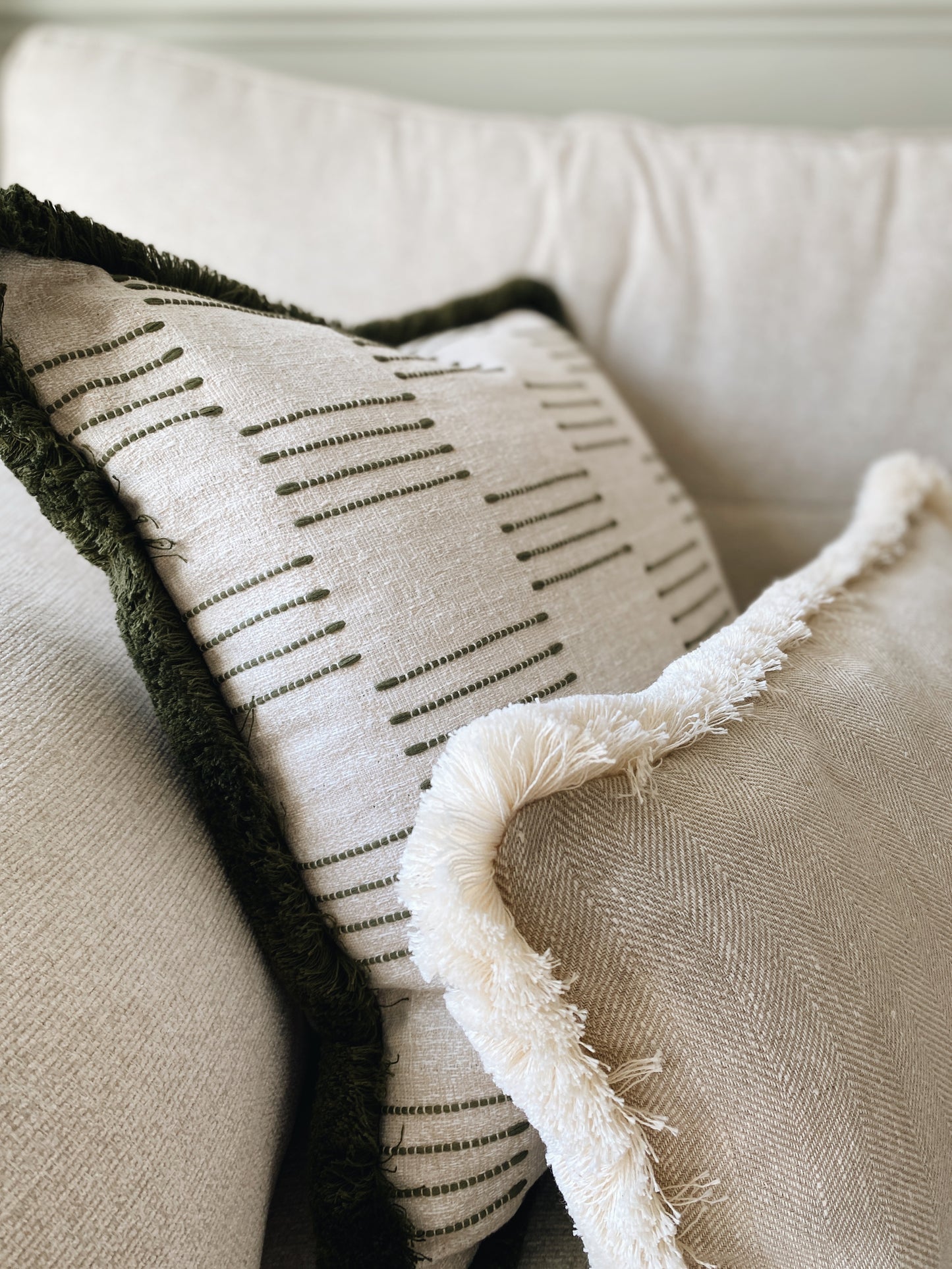 The Olive - Green Woven Rustic Textured Fringed Cushion
