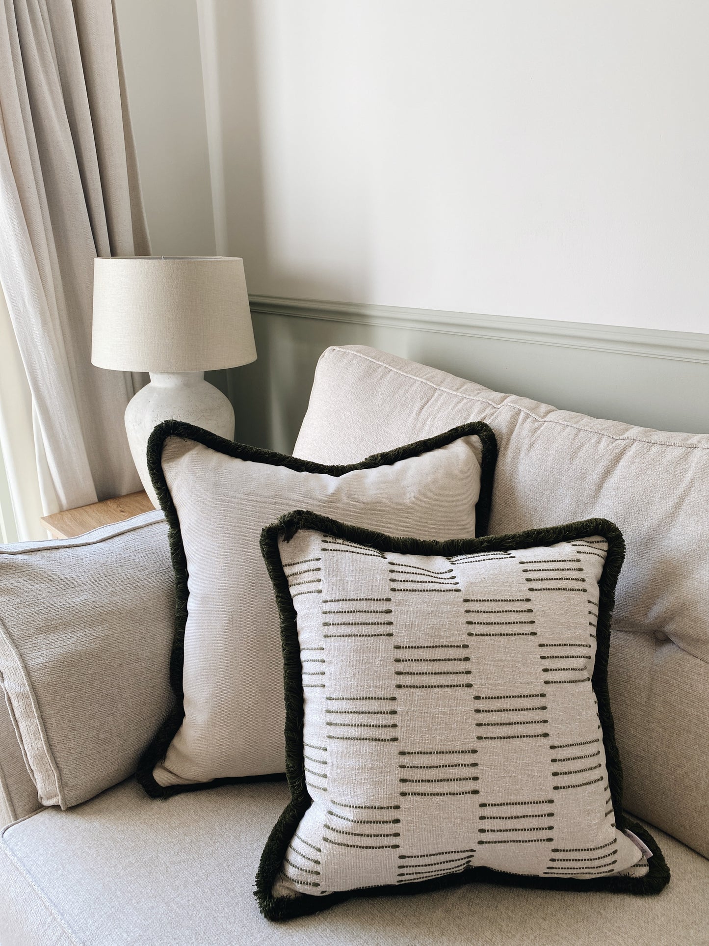 The Olive - Green Woven Rustic Textured Fringed Cushion