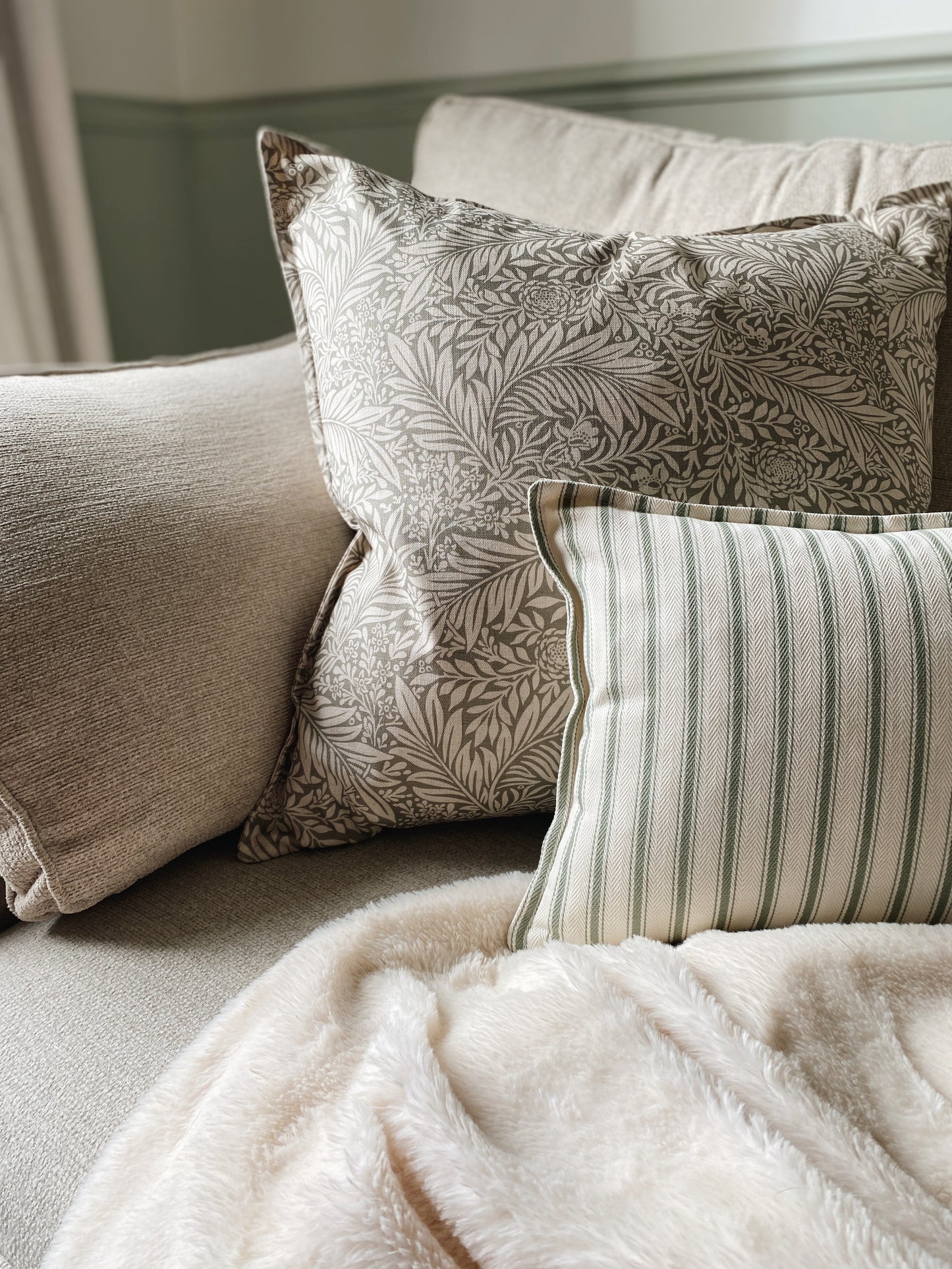 The Delilah - Green Floral Cushion With Top Stitch Border