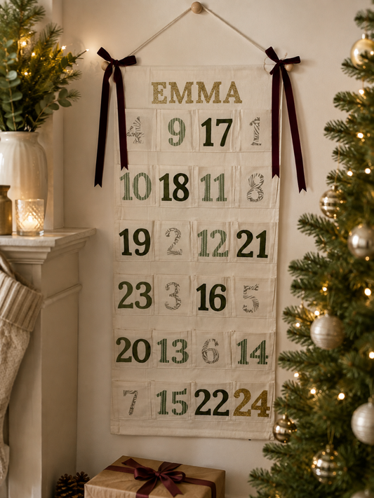 Personalised Christmas Advent Calendar in Green & Gold Glitter