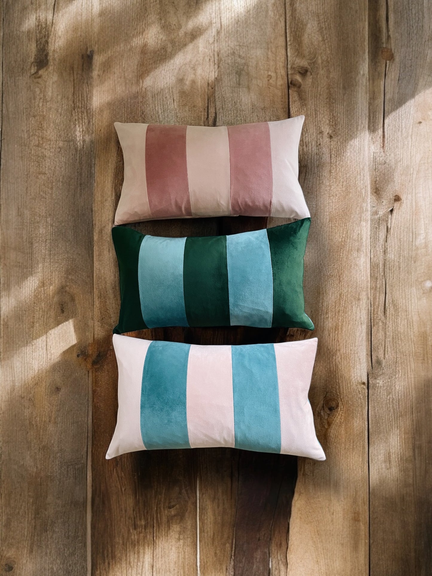 Striped Powder Pink & English Rose Velvet Bolster Oblong Cushion