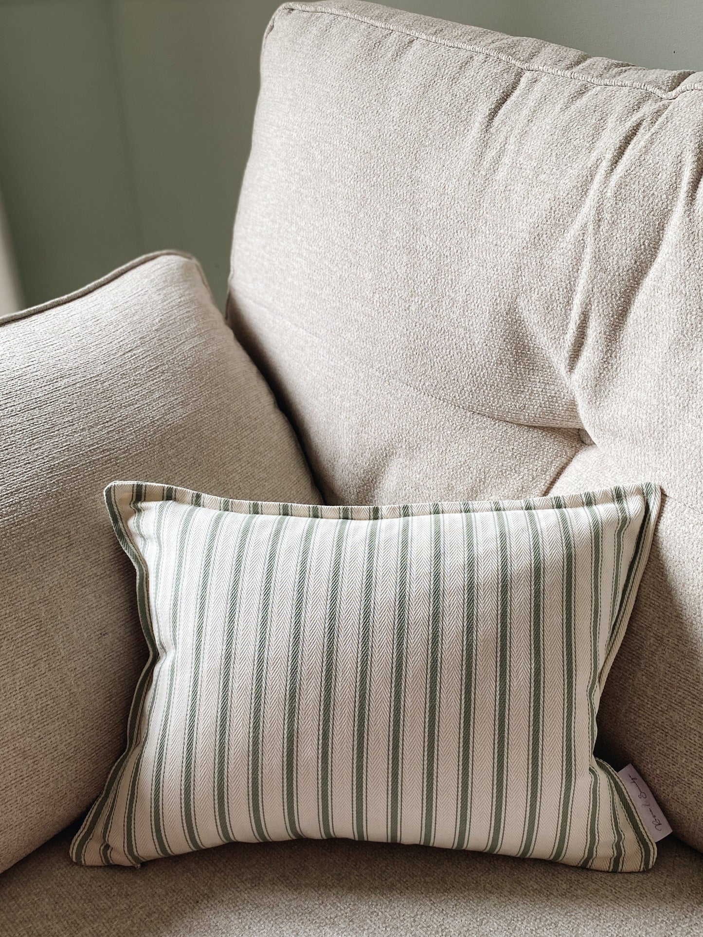 The Riley - Green Ticking Stripe Cushion With Top Stitch Border