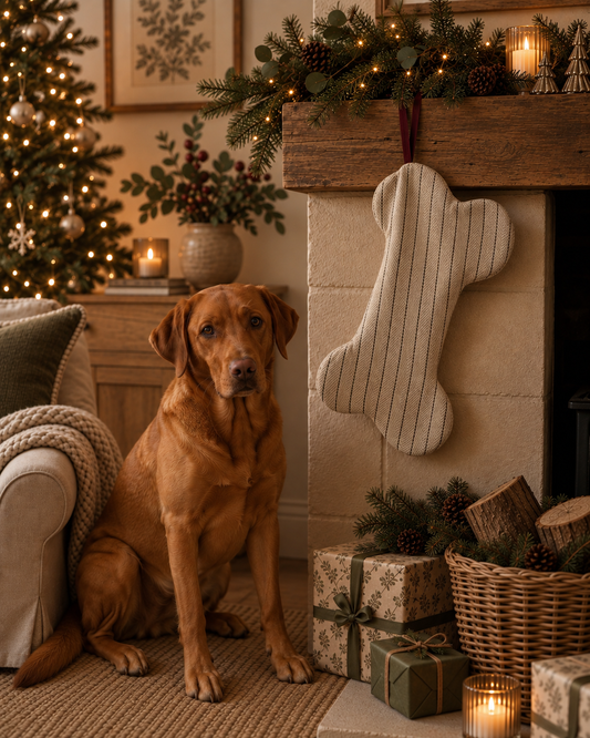 Luxury Pet Beige Velvet-Lined Christmas Bone-Shaped Stocking