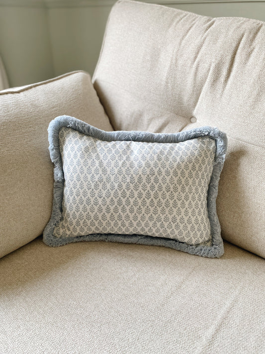 The Florrie- Blue Block Print Leaf Cushion With Fringed Edge