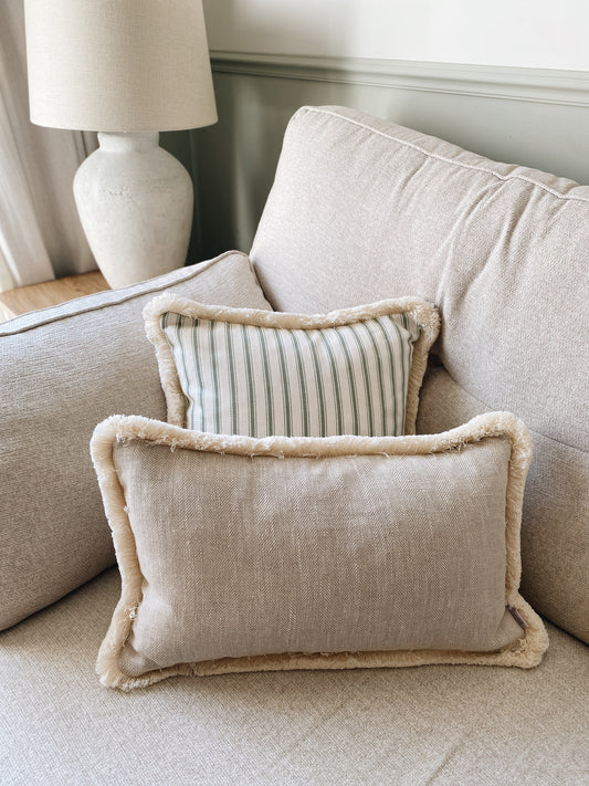 Outlet - The Tilly - Beige Linen Herringbone Fringed Cushion