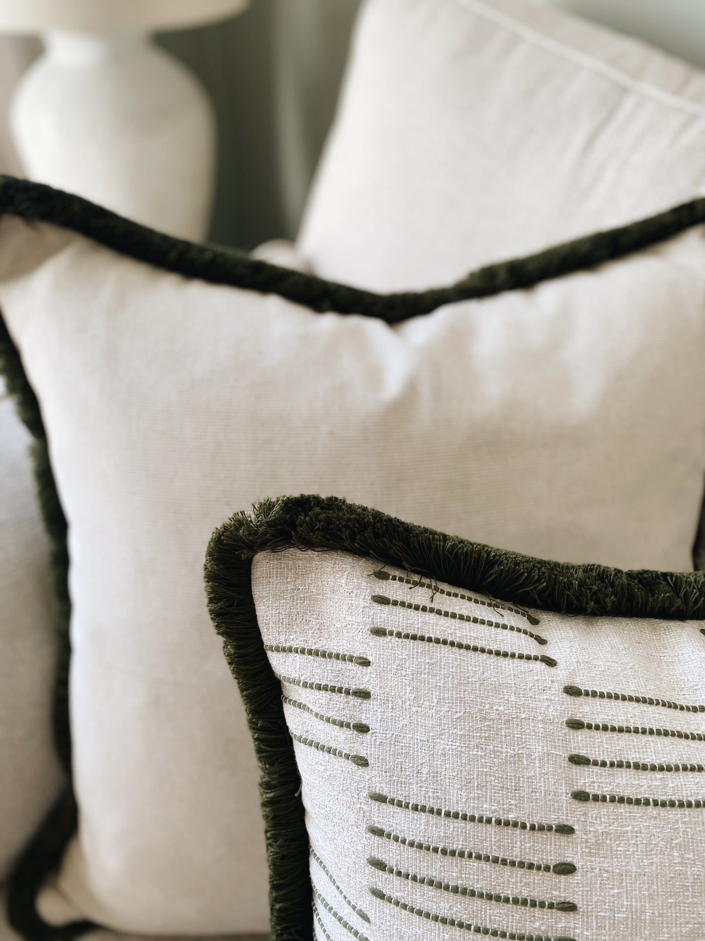 The Olive - Green Woven Rustic Textured Fringed Cushion