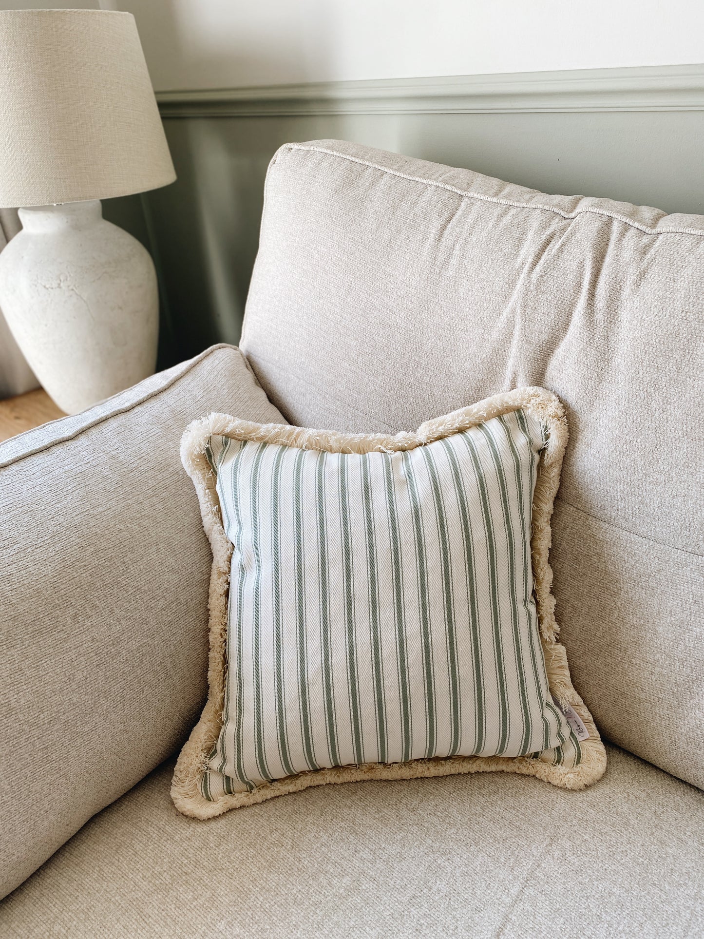 The Riley - Green Ticking Stripe Fringed Cushion