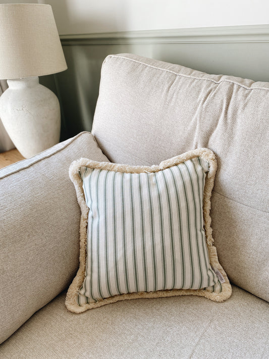 The Riley - Green Ticking Stripe Fringed Cushion