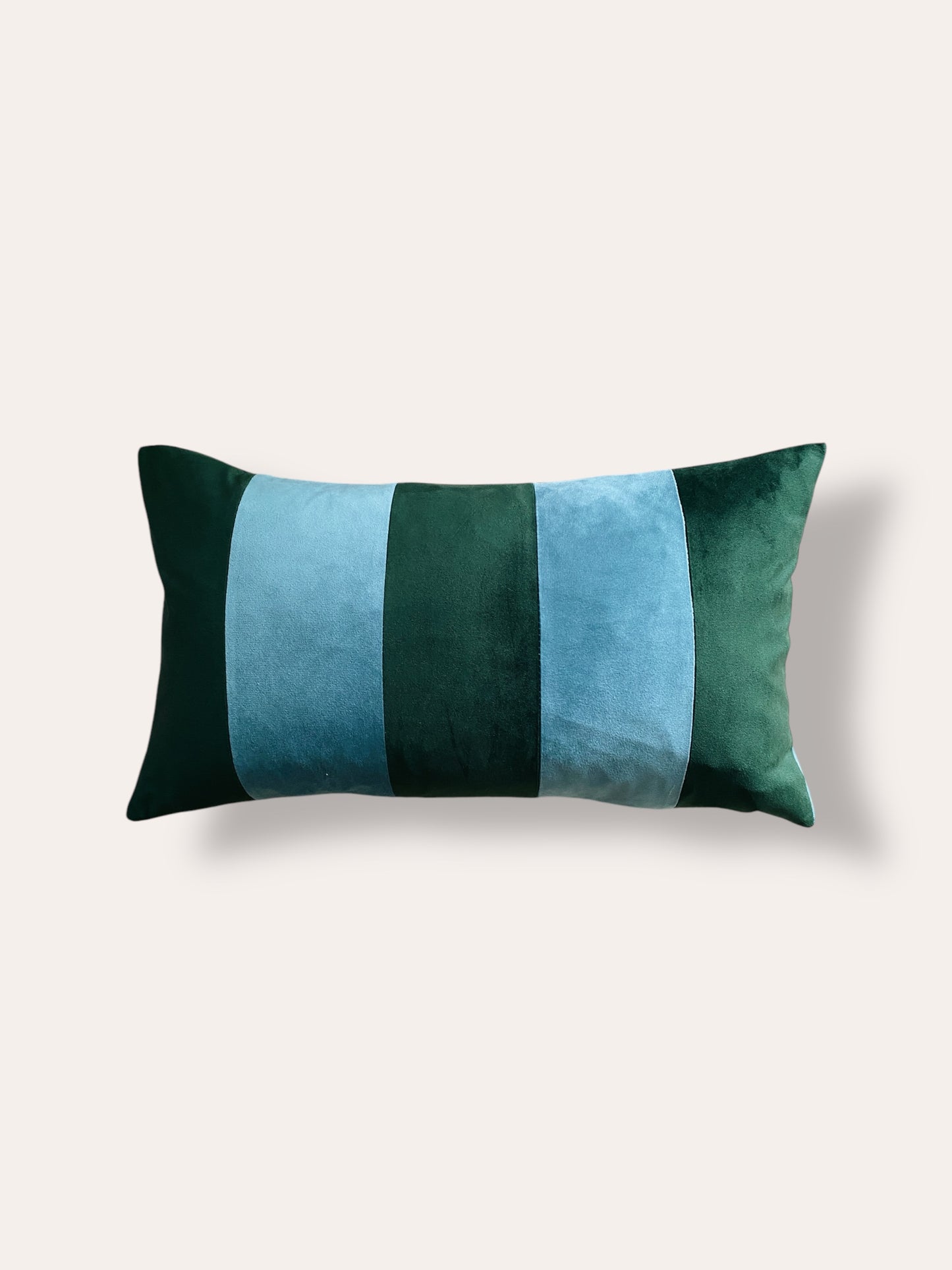 Striped Forest Green & Duck Egg Blue Velvet Bolster Oblong Cushion