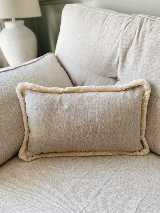 The Tilly - Beige Linen Herringbone Fringed Cushion