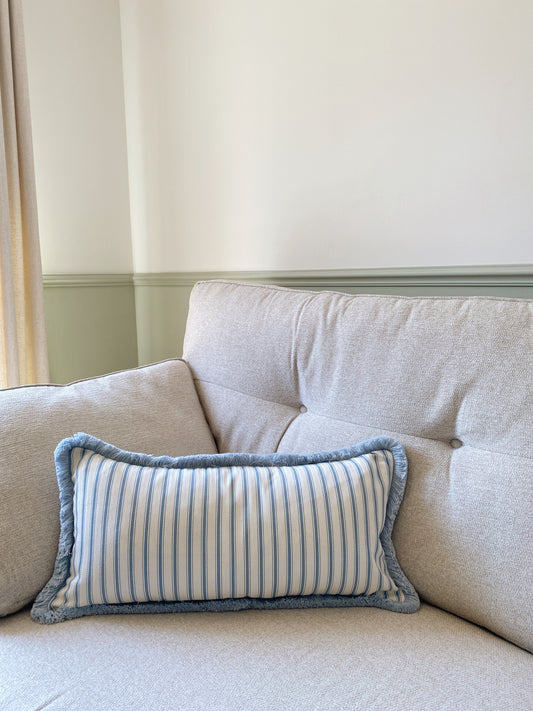 The Riley - Blue Ticking Stripe Cushion With Fringed Edge