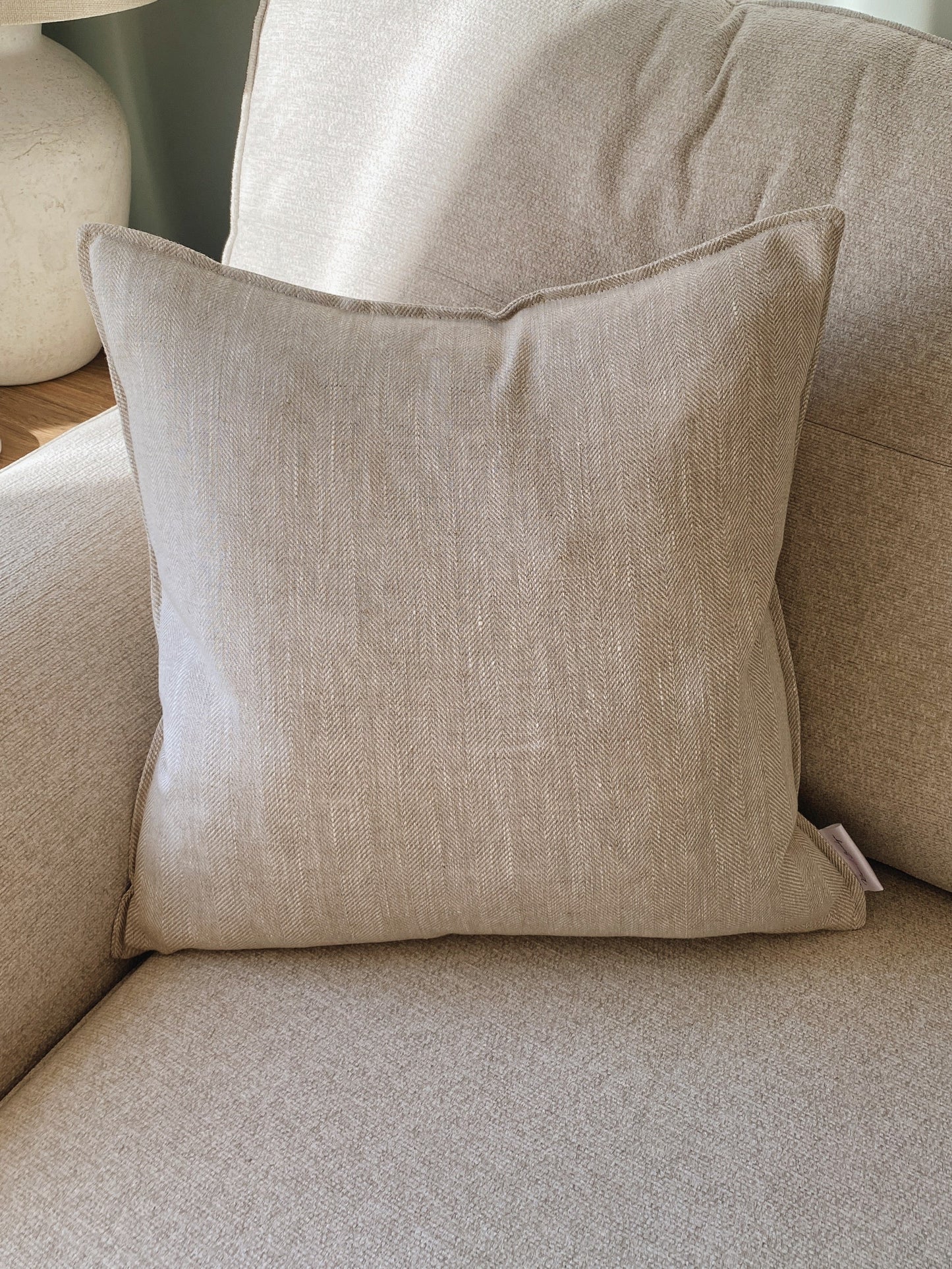 The Tilly - Beige Linen Herringbone Oxford Edge Cushion