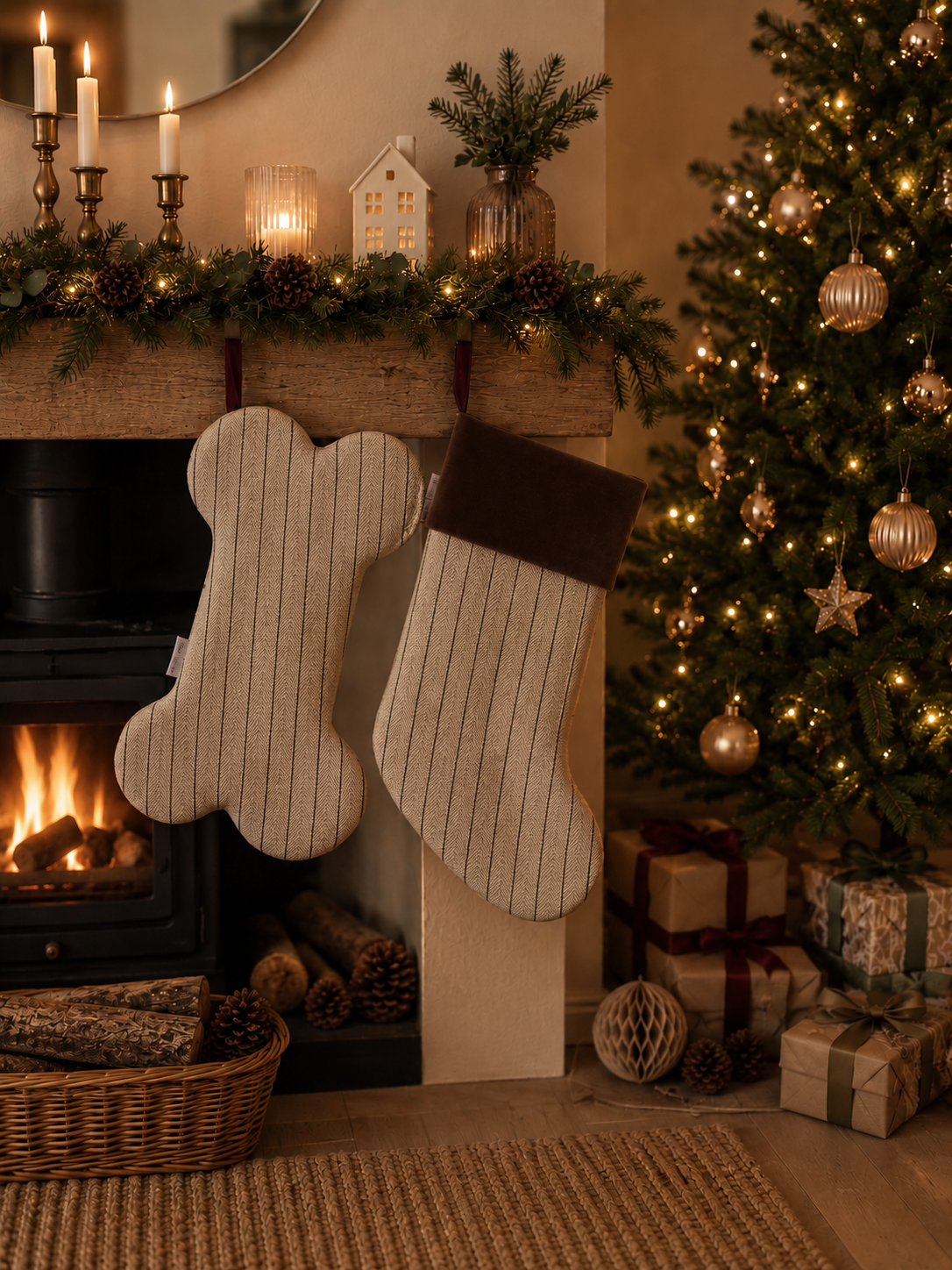 Luxury Pet Beige Velvet-Lined Christmas Bone-Shaped Stocking